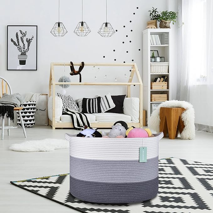 Extra Large Blanket Basket 87L, Laundry Hamper, Baby Nursery Hamper for Storage Toys Clothes Towels, Large Cotton Rope Laundry Basket for Girls Boys, 22”x 14”, White & Gray