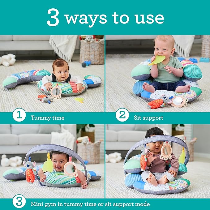 Infantino 3-in-1 Tummy Time & Seated Support & Mini Gym, Baby Floor Seat for Tummy Time & Early Sitting, Soft, Supportive, Engaging Toys, Koala