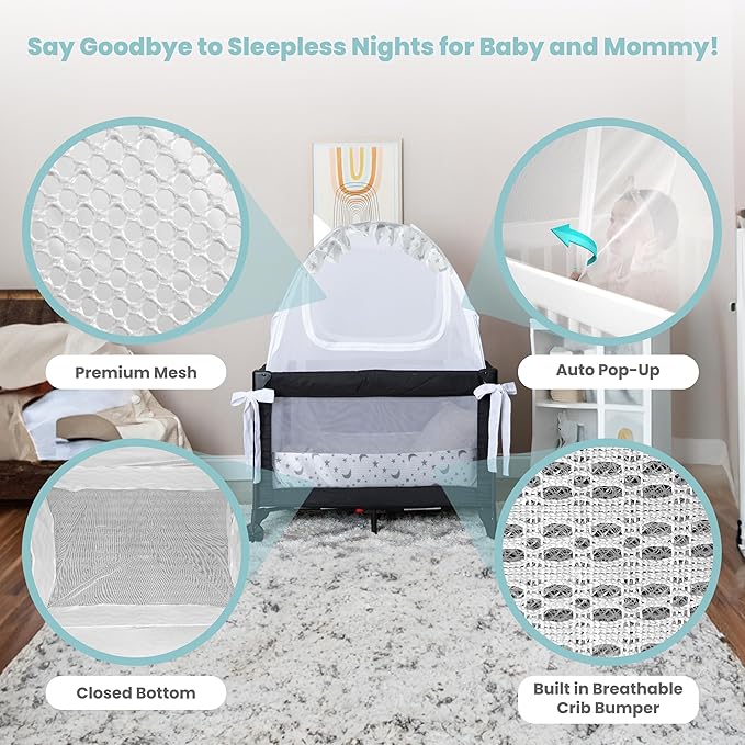 Premium Pack n Play Tent, Mini Crib Tent to Keep Baby from Climbing Out, Auto Pop Up Pack and Play Tent with Auto-Lock Zippers, Thick Velvety Breathable Mesh (Stars & Moons - Ruffles)