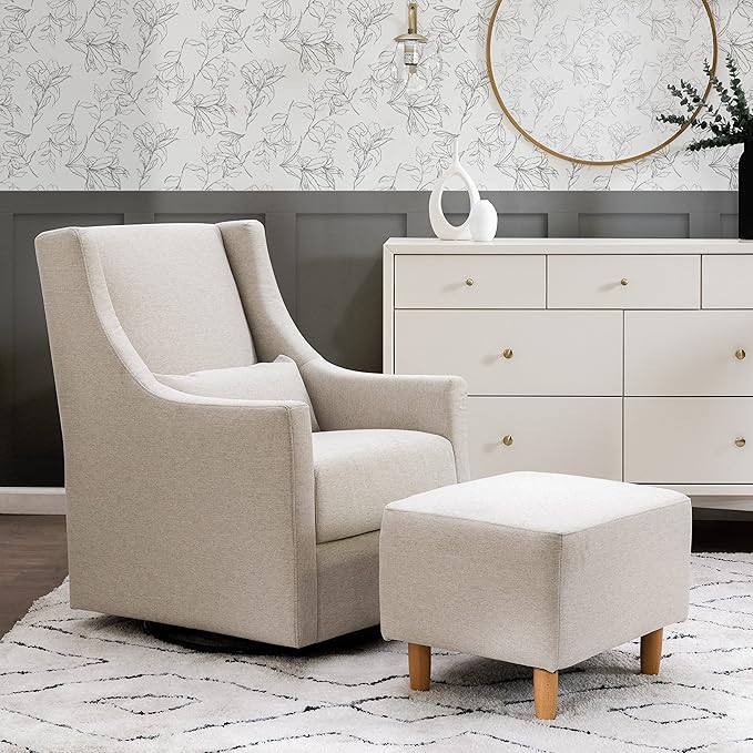 Babyletto Toco Upholstered Swivel Glider and Stationary Ottoman in Performance Beach Eco-Weave, Water Repellent & Stain Resistant, Greenguard Gold Certified
