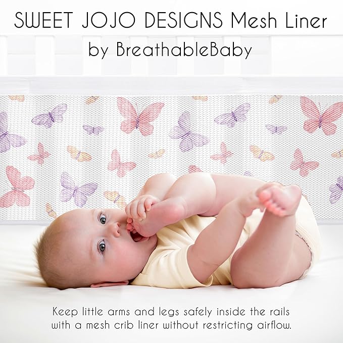 Sweet Jojo Designs + BreathableBaby 2-Piece Breathable Mesh Crib Liner Set (Pink/Purple Shabby Chic Butterfly) for Girls, Baby, Infants/Newborn Nursery (Colorful Butterflies Pastel, Lilac Watercolor)
