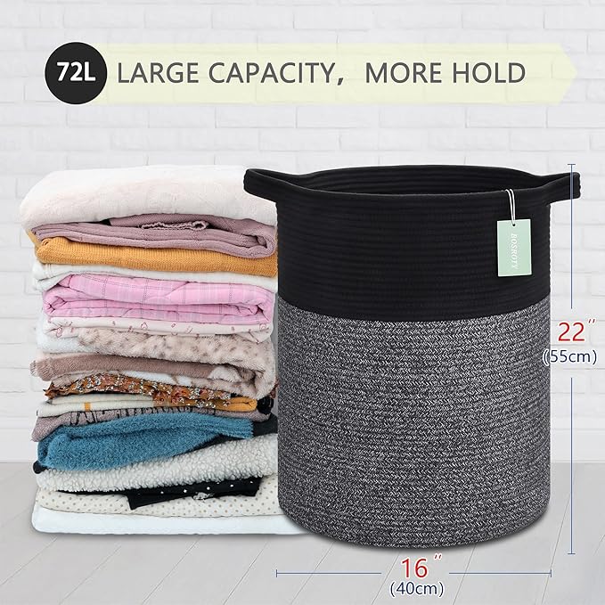 ﻿BOSROTY Large Laundry Hamper for Girls Boys Kids 72L, Nursery Hamper, Tall Laundry Basket, Cotton Rope Woven Blanket Basket for Storage Toys Clothes Towels, 16”x 22”, Black & Gray