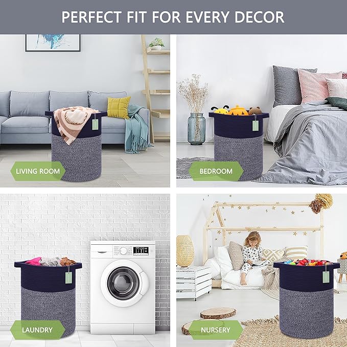 Large Laundry Hamper for Girls Boys Kids 72L, Nursery Hamper, Tall Laundry Basket, Cotton Rope Woven Blanket Basket for Storage Toys Clothes Towels, 16”x 22”, Navy Blue