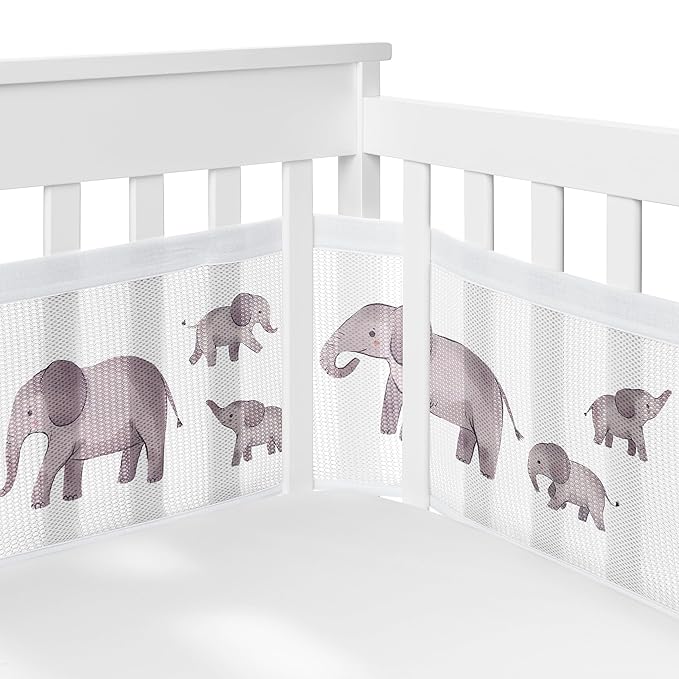 Sweet Jojo Designs + BreathableBaby 2-Piece Breathable Mesh Crib Liner Set (Watercolor Elephants) for Boys/Girls, Baby, Infants/Newborn Nursery (Grey, Jungle, Safari, Mom and Child Elephant, Tropical)