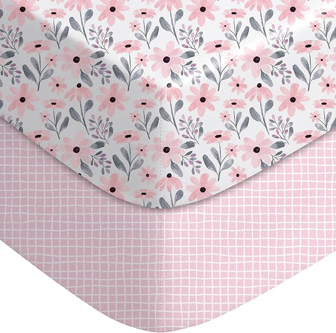 Yoofoss Pack and Play Sheets Girl 2 Pack, 38x26 Mini Crib Sheets Fitted for Baby Compatible with Graco Pack n Play Mattress,Ultra Soft Breathable Microfiber Pink Floral