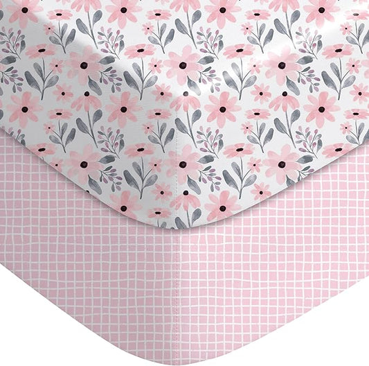 Yoofoss Crib Sheets Girl 2 Pack, 52x28 Fitted Baby Crib Sheet Fits for Standard Crib and Toddler Mattress, Ultra Soft Breathable Microfiber Pink Floral