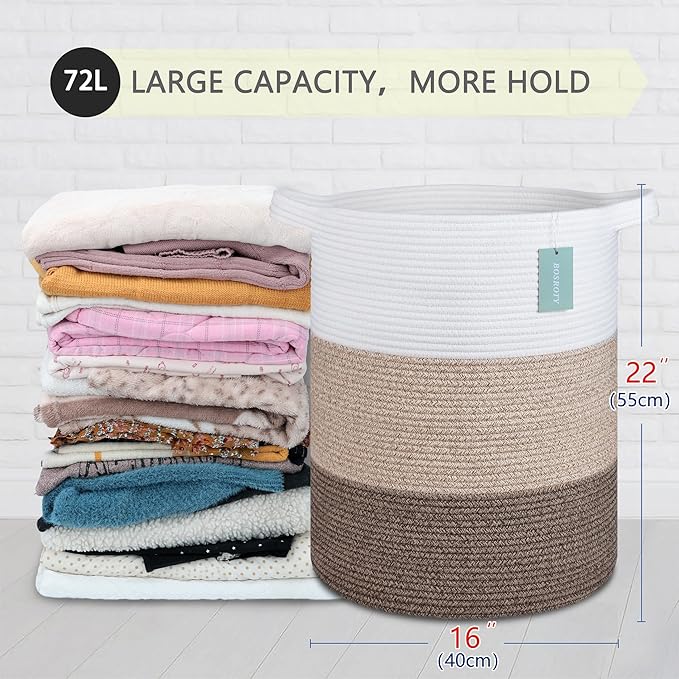 Large Blanket Basket, Nursery Hamper, Tall Laundry Basket 72L, Cotton Rope Woven Laundry Hamper for Storage Toys Clothes Towels, 16”x 22”, White & Gradient Brown