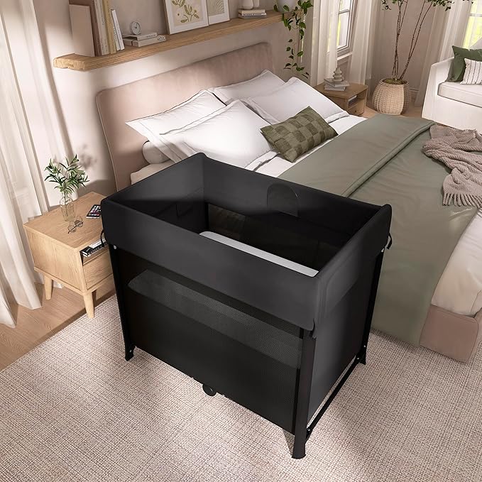 Evolur Zane Portable Playard – Foldable, Removable Mattress, Easy to Use Baby Bassinet for Travel & Home, Black