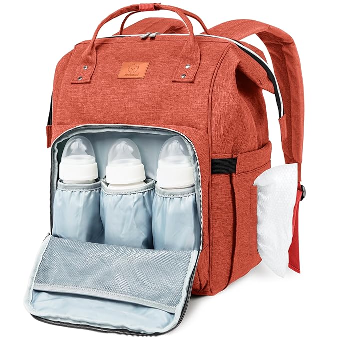 KeaBabies Baby Diaper Bag Backpack - Large Baby Bag for Boys, Girls, Waterproof Multi Function Travel Diaper Backpack with Changing Pad, Durable Travel Essentials for Moms and Dads (Rustic Red)