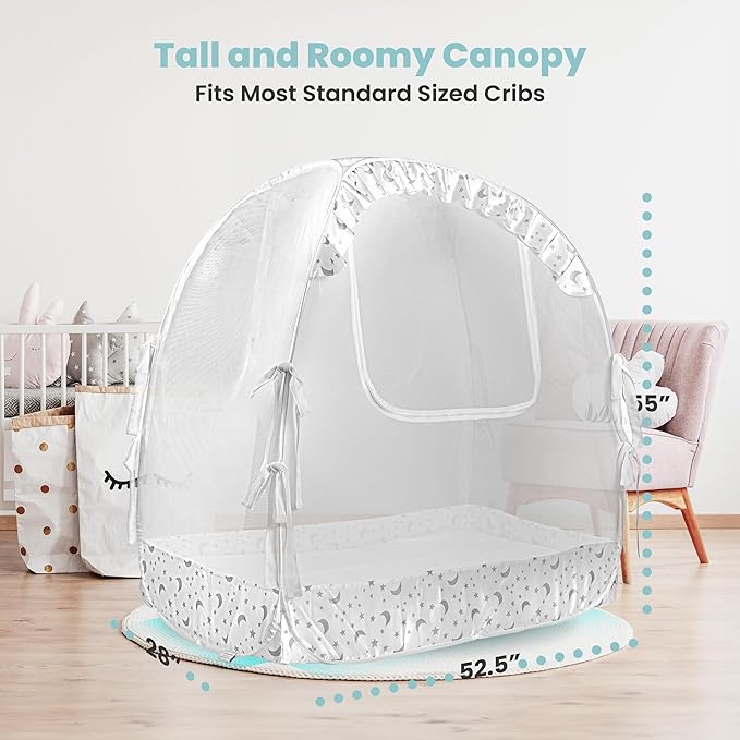 Premium Pop Up Crib Tent, Crib Cover to Keep Baby from Climbing Out, Prevent Falls and Mosquito Bites, Safety Net Canopy - Sturdy & Stylish Infant Topper, Mosquito Net