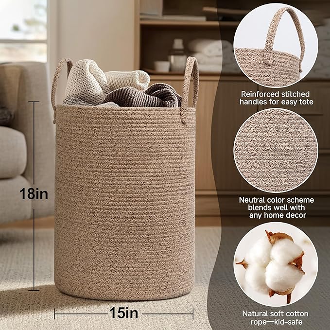 Large Woven Laundry Basket, 15"x18" Tall Blanket Storage for Living Room, Cute Nursery Kids Baby Laundry Hamper, Wicker Hamper for Bedroom Aesthetic, Cotton Rope Dirty Clothes Decor Basket
