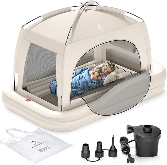 QPAU Inflatable Toddler Travel Bed with Tent, Baby Crib Tent, Portable Kids Air Mattress with Safety Bumpers, Ideal for Home, Grandma's, Camping, Traveling -Includes Fast Electric Pump (Khaki)