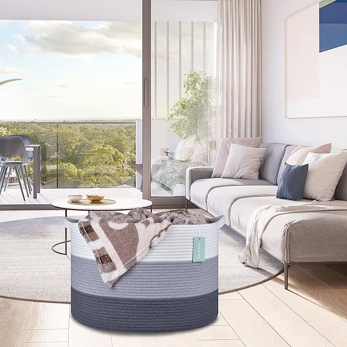 Extra Large Blanket Basket 87L, Laundry Hamper, Baby Nursery Hamper for Storage Toys Clothes Towels, Large Cotton Rope Laundry Basket for Girls Boys, 22”x 14”, White & Gray