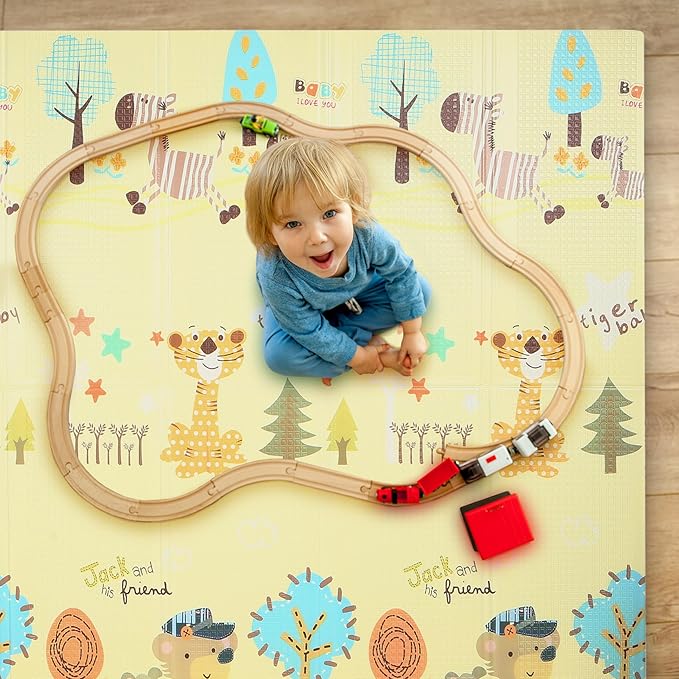 Bammax X-Large Waterproof Foam Padded Baby Play Mat | 1 cm thick Safe Foam Reversible & Foldable | 70" x 78" | Use as Baby Crawling Mat or Kids Play Mat for Floor - Giraffe & Mixed Animals