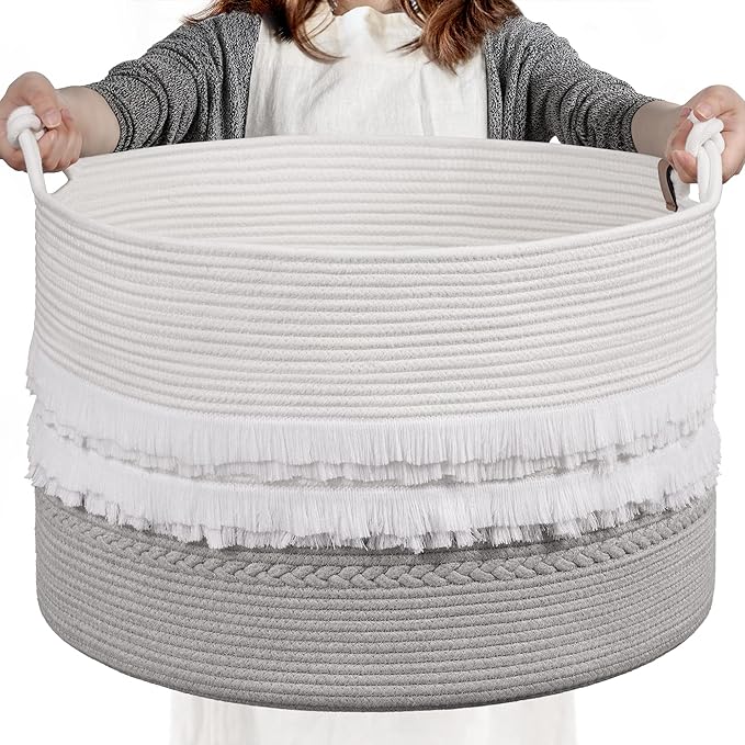 CherryNow Extra Large Rope Basket for Toys, Grey Blanket Basket for Living Room, Entryway, Nursery Laundry Baskets for Clothes, 22 x 14 inches, 83L
