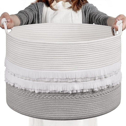 CherryNow Extra Large Rope Basket for Toys, Grey Blanket Basket for Living Room, Entryway, Nursery Laundry Baskets for Clothes, 22 x 14 inches, 83L