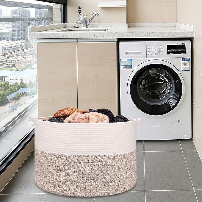 Extra Large Blanket Basket 87L, Laundry Hamper, Baby Nursery Hamper for Storage Toys Clothes Towels, Large Cotton Rope Laundry Basket for Girls Boys, 22”x 14”, White & Brown
