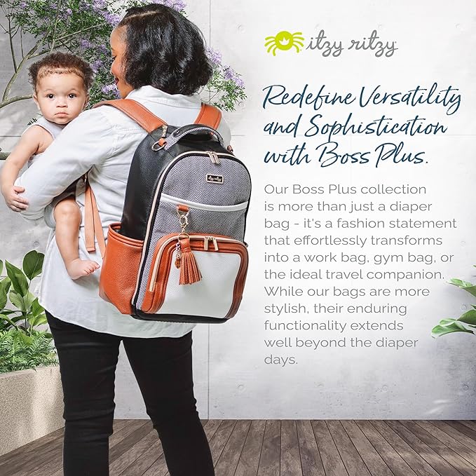 Itzy Ritzy Diaper Bag Backpack – Large Capacity Boss Plus Baby Backpack Diaper Bag Featuring 19 Pockets, Changing Pad, Stroller Clips, and Comfortable Straps (Coffee & Cream)