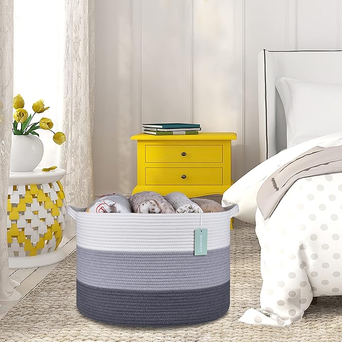 Extra Large Blanket Basket 87L, Laundry Hamper, Baby Nursery Hamper for Storage Toys Clothes Towels, Large Cotton Rope Laundry Basket for Girls Boys, 22”x 14”, White & Gray