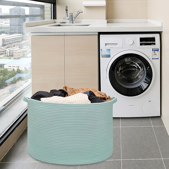 Extra Large Blanket Basket 87L, Laundry Hamper, Baby Nursery Hamper for Storage Toys Clothes Towels, Large Cotton Rope Laundry Basket for Girls Boys, 22”x 14”, Light Green