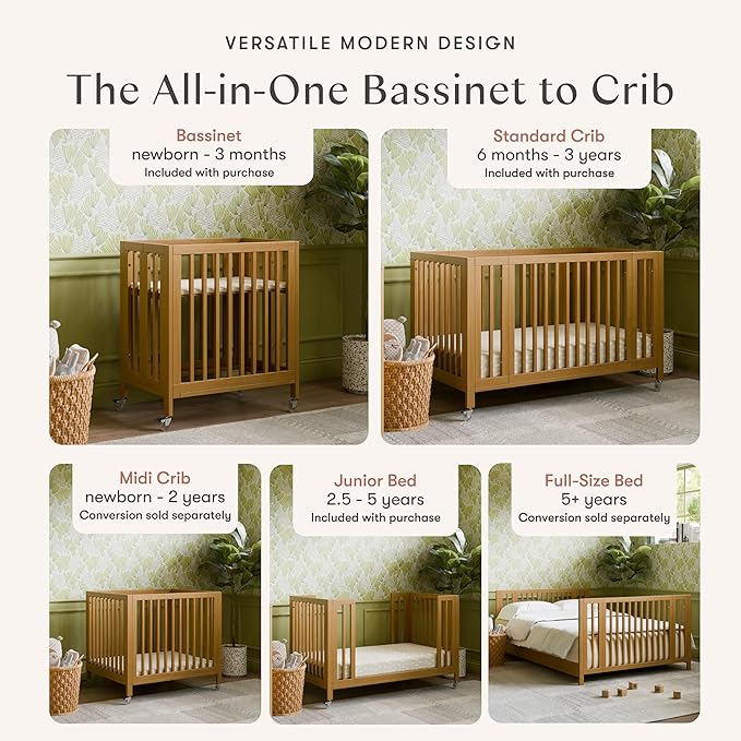 babyletto Rolli 9-in-1 Convertible Baby Crib w/Wheels - Includes Pad & Conversion Kits for Bassinet, Standard Crib, Toddler Bed, Daybed & Junior Bed - GREENGUARD Gold - 3 Adjustable Heights - Honey