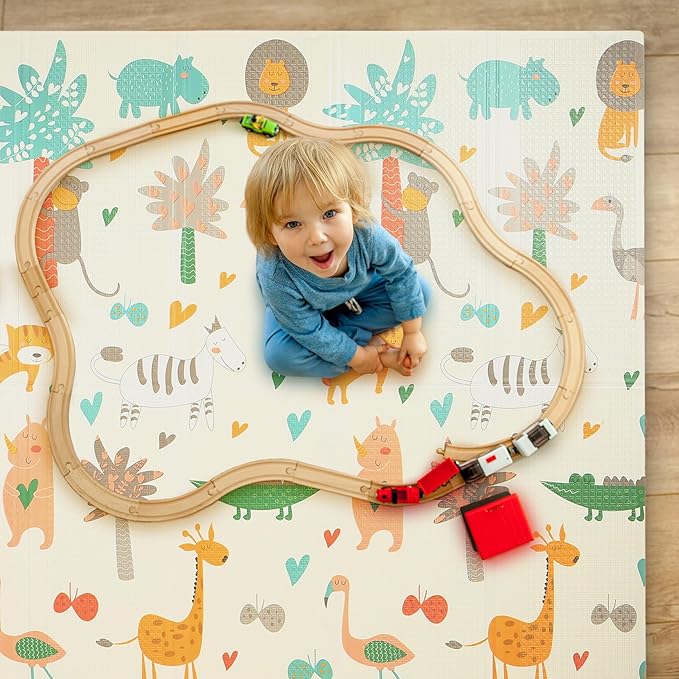 Bammax X-Large Waterproof Foam Padded Play Mat | Reversible & Foldable | 1 cm Safe Baby & Kids Play Mat | 70" x 78" | Dinosaurs & Safari Animals