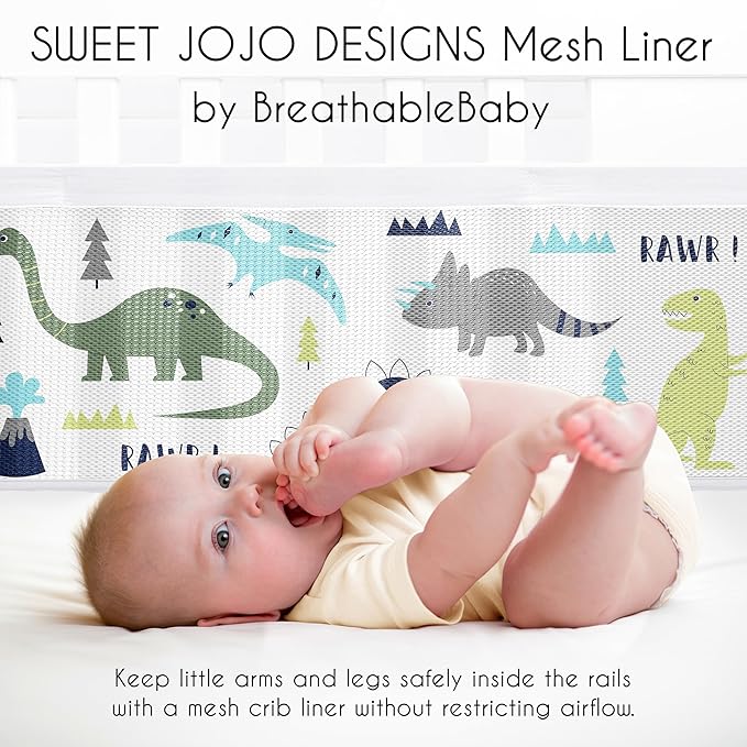 Sweet Jojo Designs + BreathableBaby 2-Piece Breathable Mesh Crib Liner Set (Blue/Green Modern Dinosaur) for Boys, Baby, Infants/Newborn Nursery (Mod Dino, Dinosaurs, Prehistoric, Boho, Bohemian)