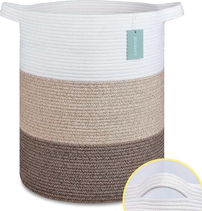 Large Blanket Basket, Nursery Hamper, Tall Laundry Basket 72L, Cotton Rope Woven Laundry Hamper for Storage Toys Clothes Towels, 16”x 22”, White & Gradient Brown