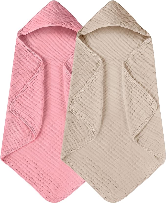 Yoofoss Hooded Baby Towels for Newborn 2 Pack 100% Muslin Organic Cotton Baby Bath Towel with Hood for Babies, Infant, Toddler and Kids, 32x32Inch, Soft and Absorbent Newborn Essential,Bge& Bean Paste