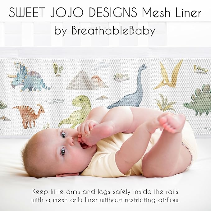 Sweet Jojo Designs + BreathableBaby 2-Piece Breathable Mesh Crib Liner Set (Watercolor Dinosaur Dino) for Boys, Baby, Infants/Newborn Nursery (Modern, Dinosaurs, Jurassic, Nature, Animal, Green, Blue)