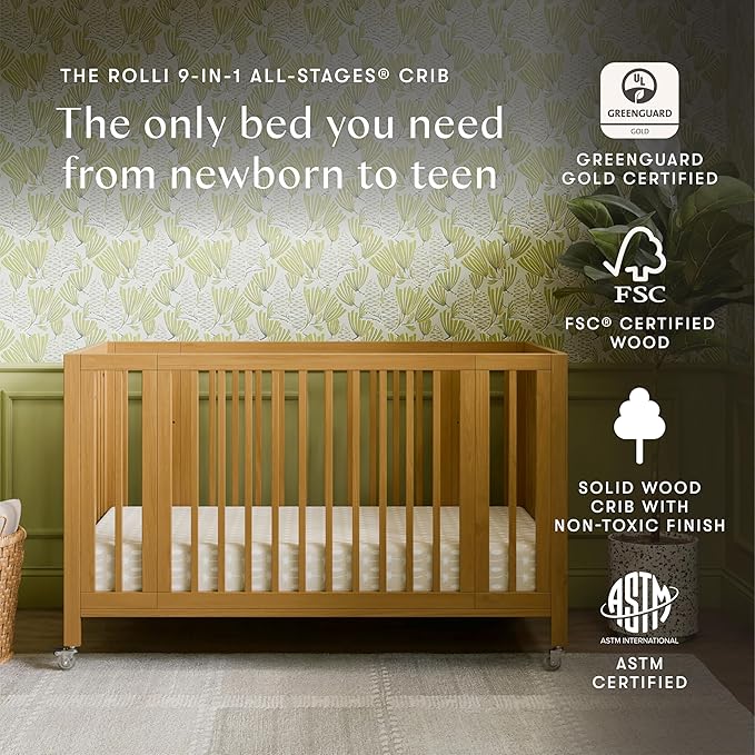 babyletto Rolli 9-in-1 Convertible Baby Crib w/Wheels - Includes Pad & Conversion Kits for Bassinet, Standard Crib, Toddler Bed, Daybed & Junior Bed - GREENGUARD Gold - 3 Adjustable Heights - Honey