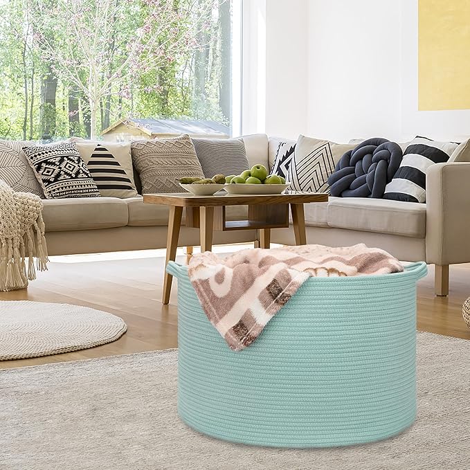 Extra Large Blanket Basket 87L, Laundry Hamper, Baby Nursery Hamper for Storage Toys Clothes Towels, Large Cotton Rope Laundry Basket for Girls Boys, 22”x 14”, Light Green