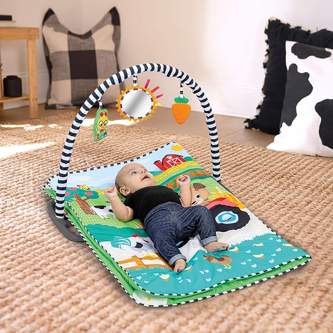 Baby Einstein Busy Barnyard Grow with Me Baby Play Gym - Extra Large Soft Play Mat with 8 Removable Toys Including 30+ Songs & Sounds to Support Motor Skills, Ages 0+ Months