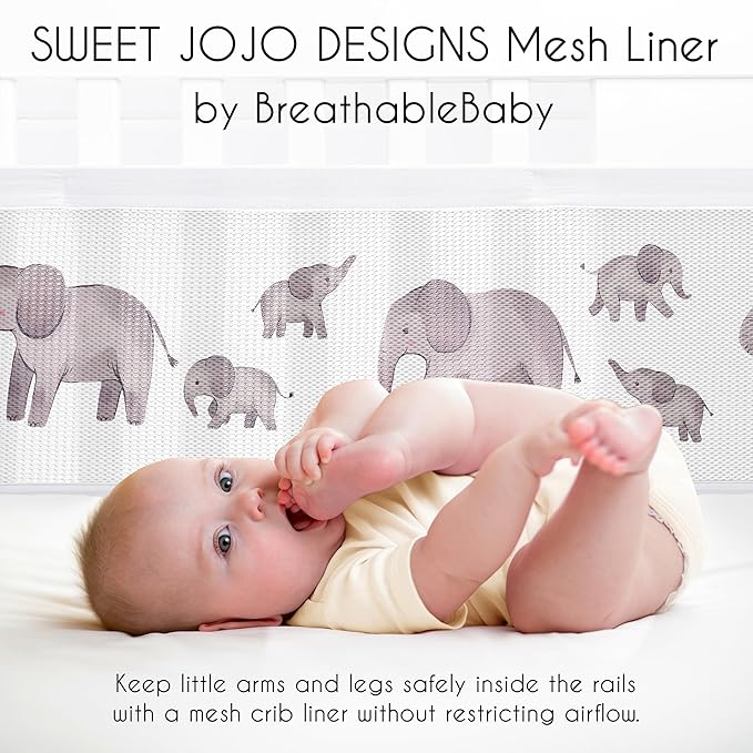 Sweet Jojo Designs + BreathableBaby 2-Piece Breathable Mesh Crib Liner Set (Watercolor Elephants) for Boys/Girls, Baby, Infants/Newborn Nursery (Grey, Jungle, Safari, Mom and Child Elephant, Tropical)