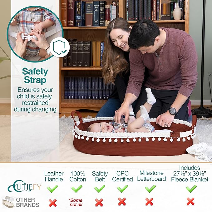 Baby Changing Basket - Portable Changing Pad for Dresser - Foldable Moses Basket for Babies - Includes Thick Pad, Felt Letter Board, Waterproof Pad Covers, Fleece Blanket, Cotton Carry Bag