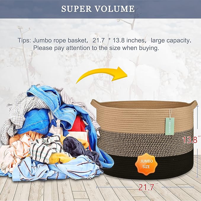 Extra Large Blanket Basket 87L, Laundry Hamper, Baby Nursery Hamper for Storage Toys Clothes Towels, Large Cotton Rope Laundry Basket for Girls Boys, 22”x 14”, Brown & Black