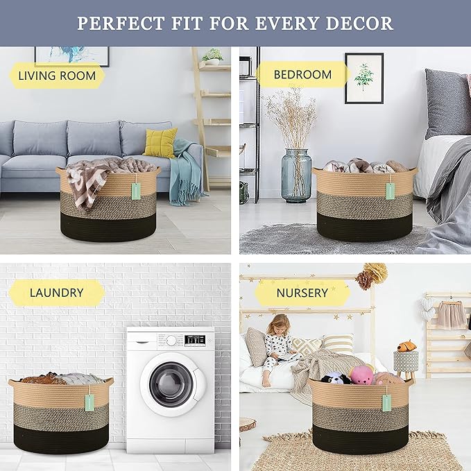 Extra Large Blanket Basket 87L, Laundry Hamper, Baby Nursery Hamper for Storage Toys Clothes Towels, Large Cotton Rope Laundry Basket for Girls Boys, 22”x 14”, Brown & Black