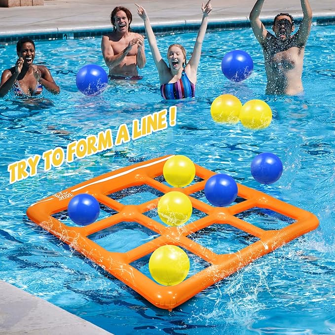 Pool Toys Games Set- Tic-Tac-Toe Inflatable Pool Toy with 10 Balls - for Adults Teens Kids 2-10 Players