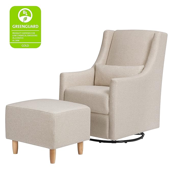 Babyletto Toco Upholstered Swivel Glider and Stationary Ottoman in Performance Beach Eco-Weave, Water Repellent & Stain Resistant, Greenguard Gold Certified