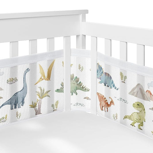 Sweet Jojo Designs + BreathableBaby 2-Piece Breathable Mesh Crib Liner Set (Watercolor Dinosaur Dino) for Boys, Baby, Infants/Newborn Nursery (Modern, Dinosaurs, Jurassic, Nature, Animal, Green, Blue)