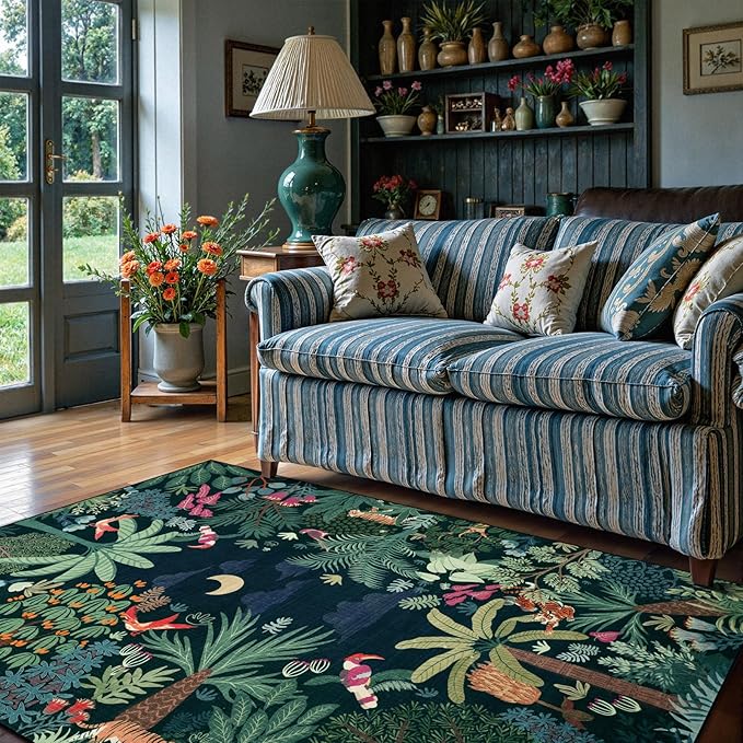 LIVEBOX Washable Jungle Dark Green Rug 5x7 for Living Room, Non-Slip Kids Bedroom Aesthetic Rug for Boy Play Room, Soft Stain Resistant Botanical Rugs for Nursery Dining Decor