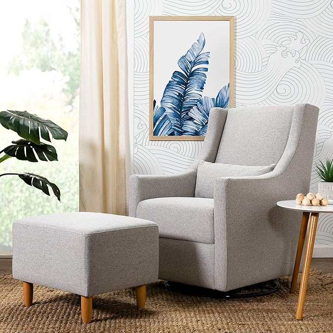Babyletto Toco Upholstered Swivel Glider and Stationary Ottoman in Performance Grey Eco-Weave, Water Repellent & Stain Resistant, Fabric, Greenguard Gold Certified